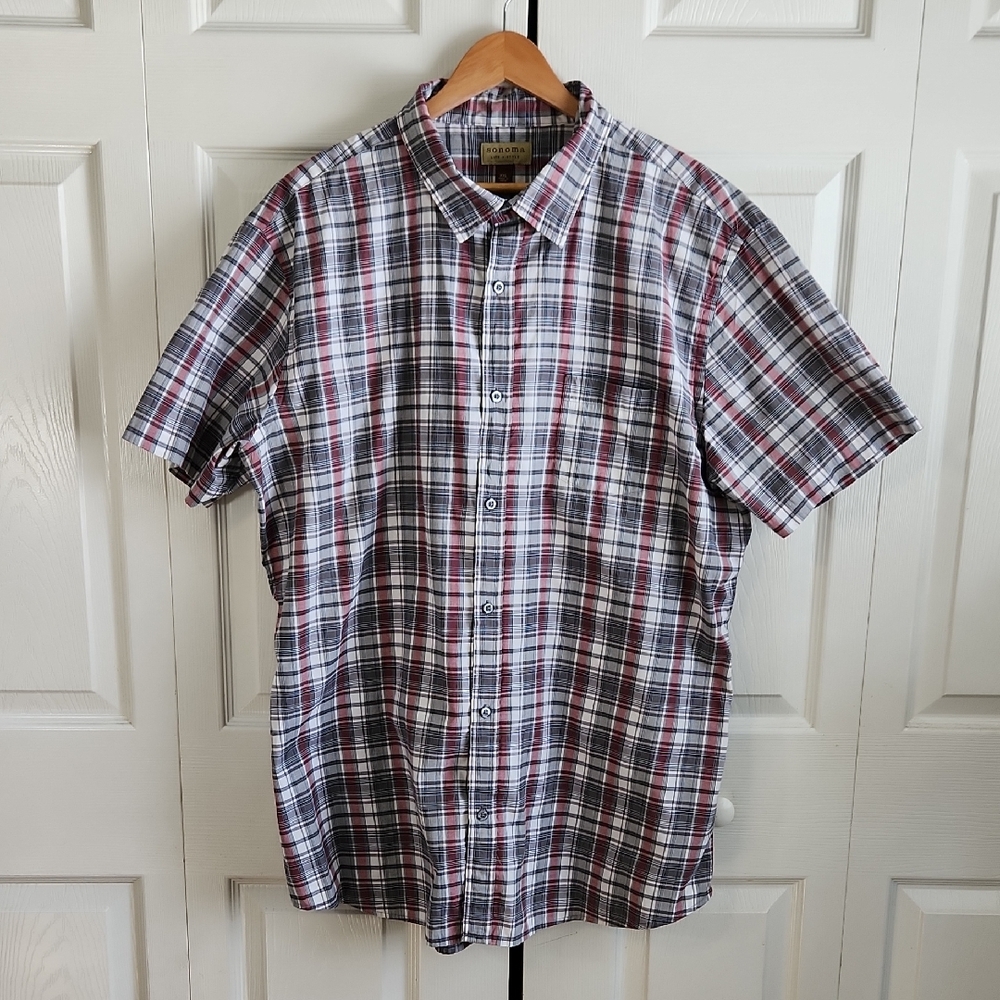 Sonoma Men's Casual Plaid Button Up Shirt Size XXL Red Gray White Academia